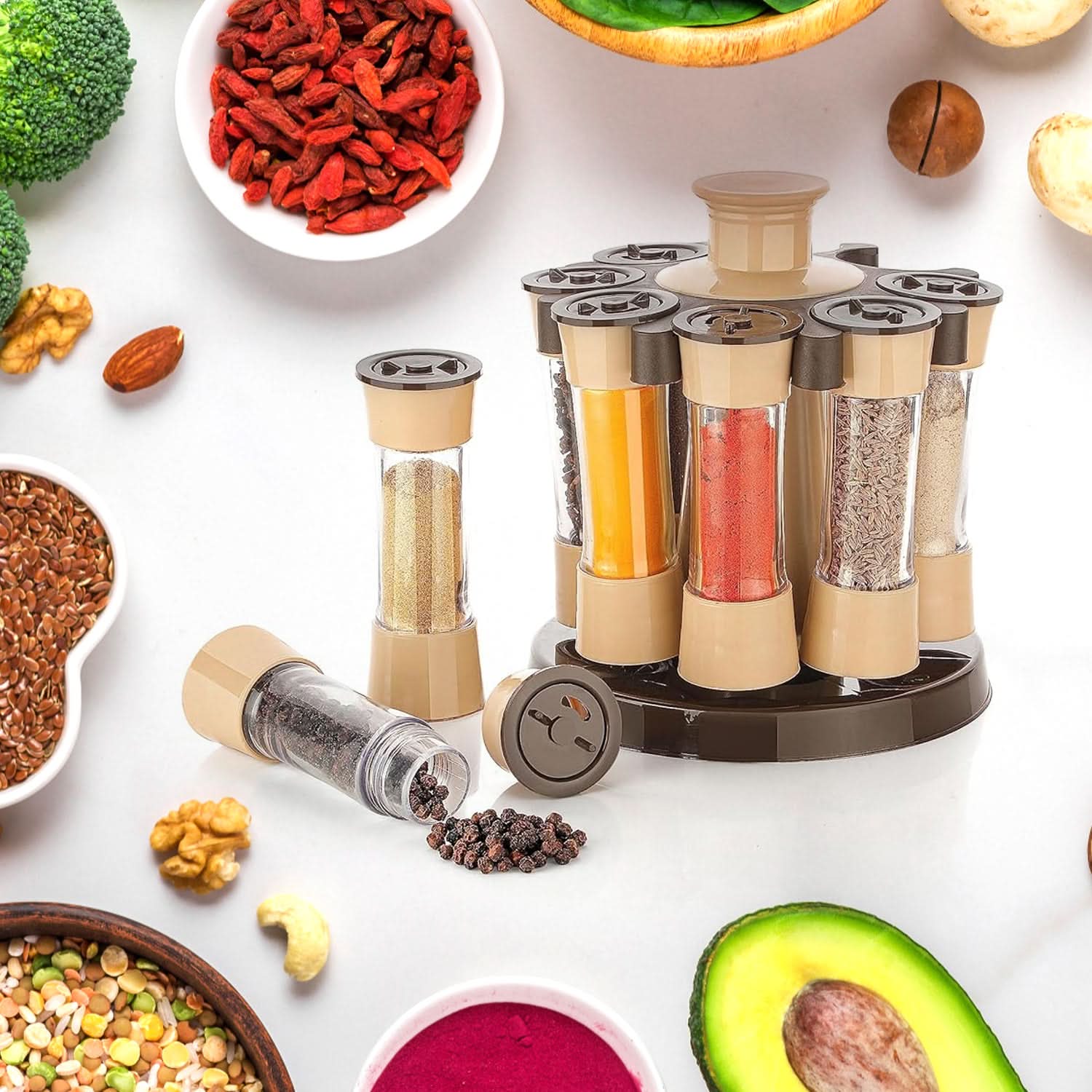 360° Revolving Spice Rack – 8-Piece Condiment Jar Set for Kitchen & Dining