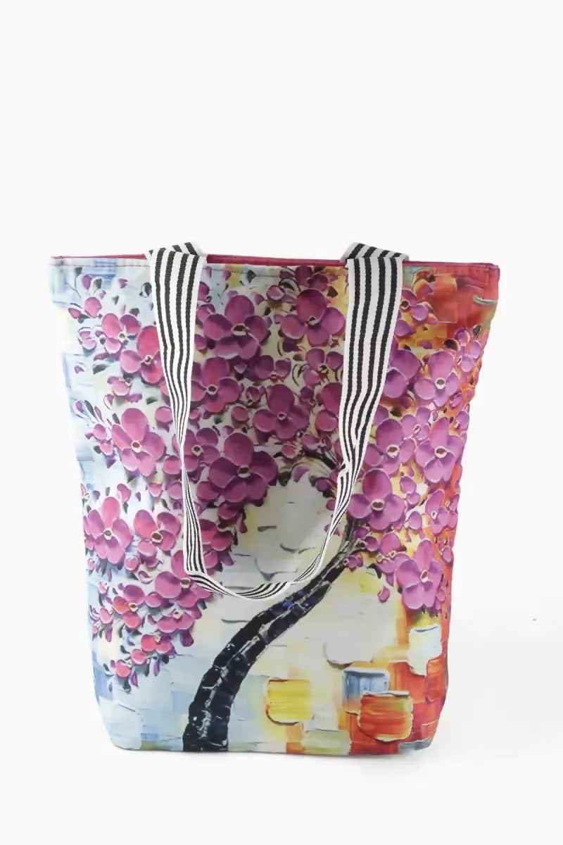 Tree Printed Canvas Tote Hand Bag for Girls (Multicolor)