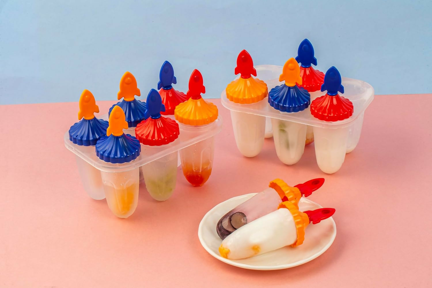 Set of 6 Multicolor Plastic Reusable Rocket Ice Pop Makers - Fun Homemade Popsicle & Kulfi Molds for Kids & Adults