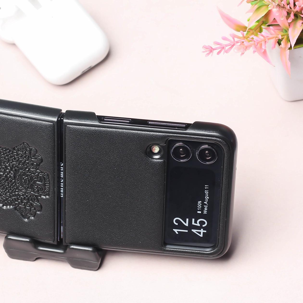 Black Satyameva Jayate embossed Leather Case for Samsung Galaxy Z FLIP 3