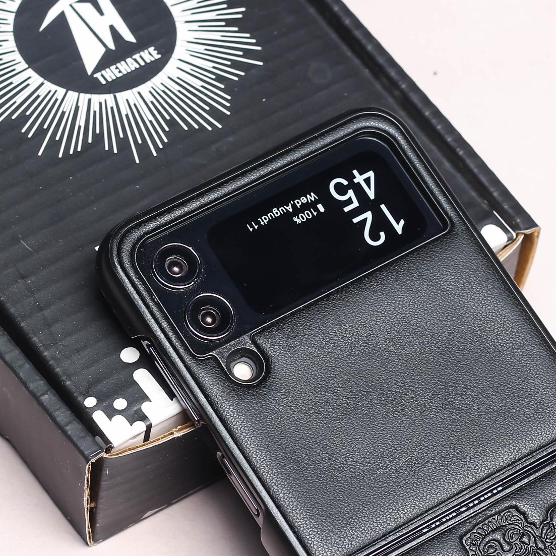 Black Satyameva Jayate embossed Leather Case for Samsung Galaxy Z FLIP 3