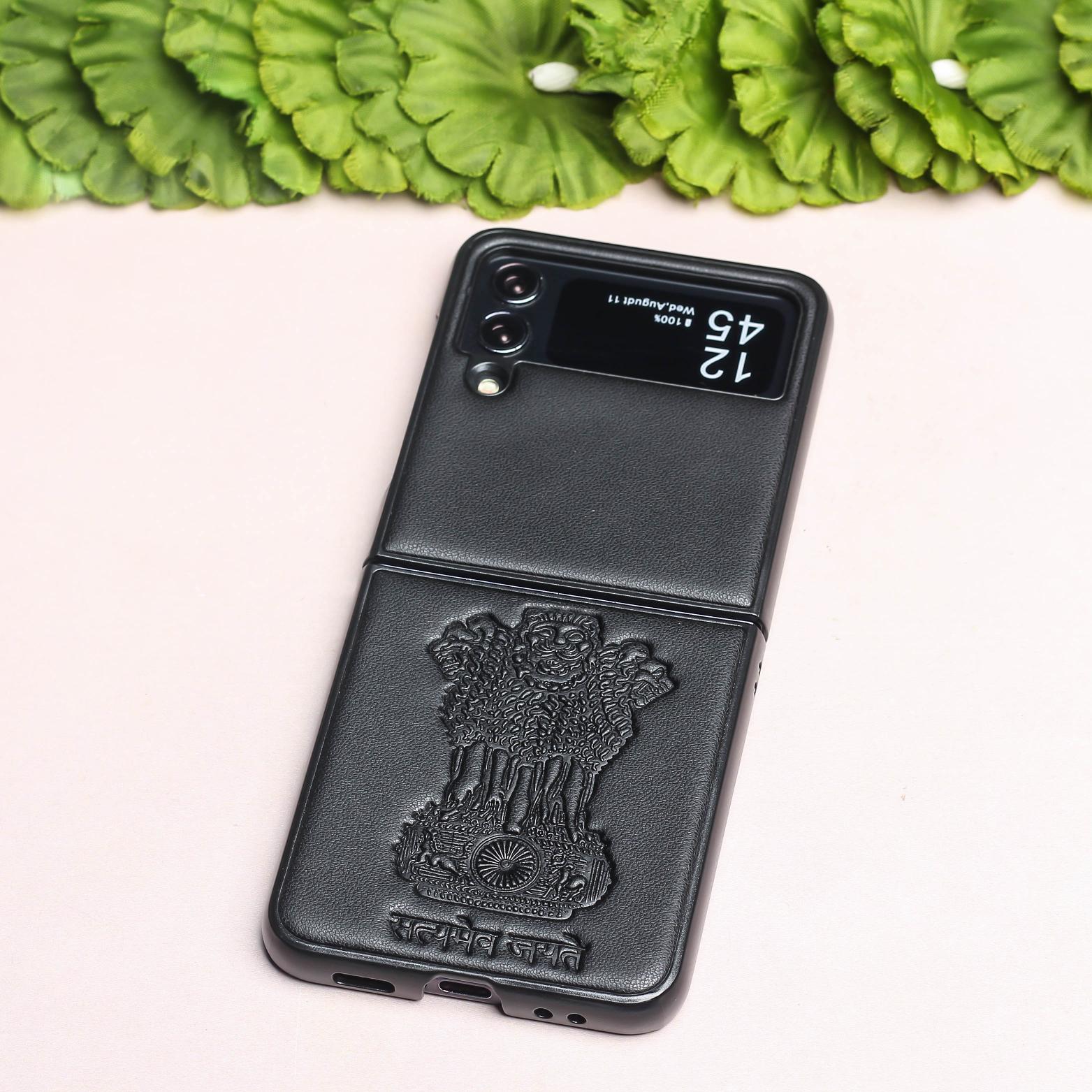 Black Satyameva Jayate embossed Leather Case for Samsung Galaxy Z FLIP 3