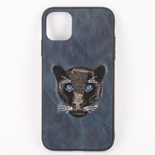 Dark Blue Leather Black Panther Ornamented for Apple Iphone 11
