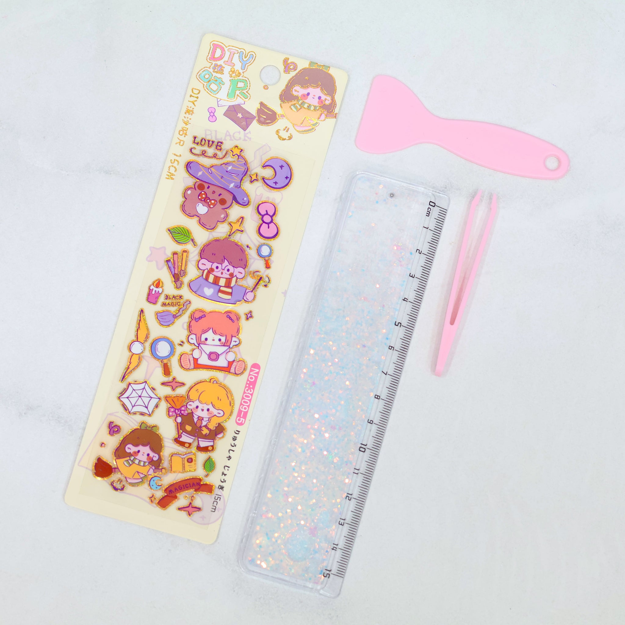 Sparkly Glitter Ruler + Fun Stickers Set
