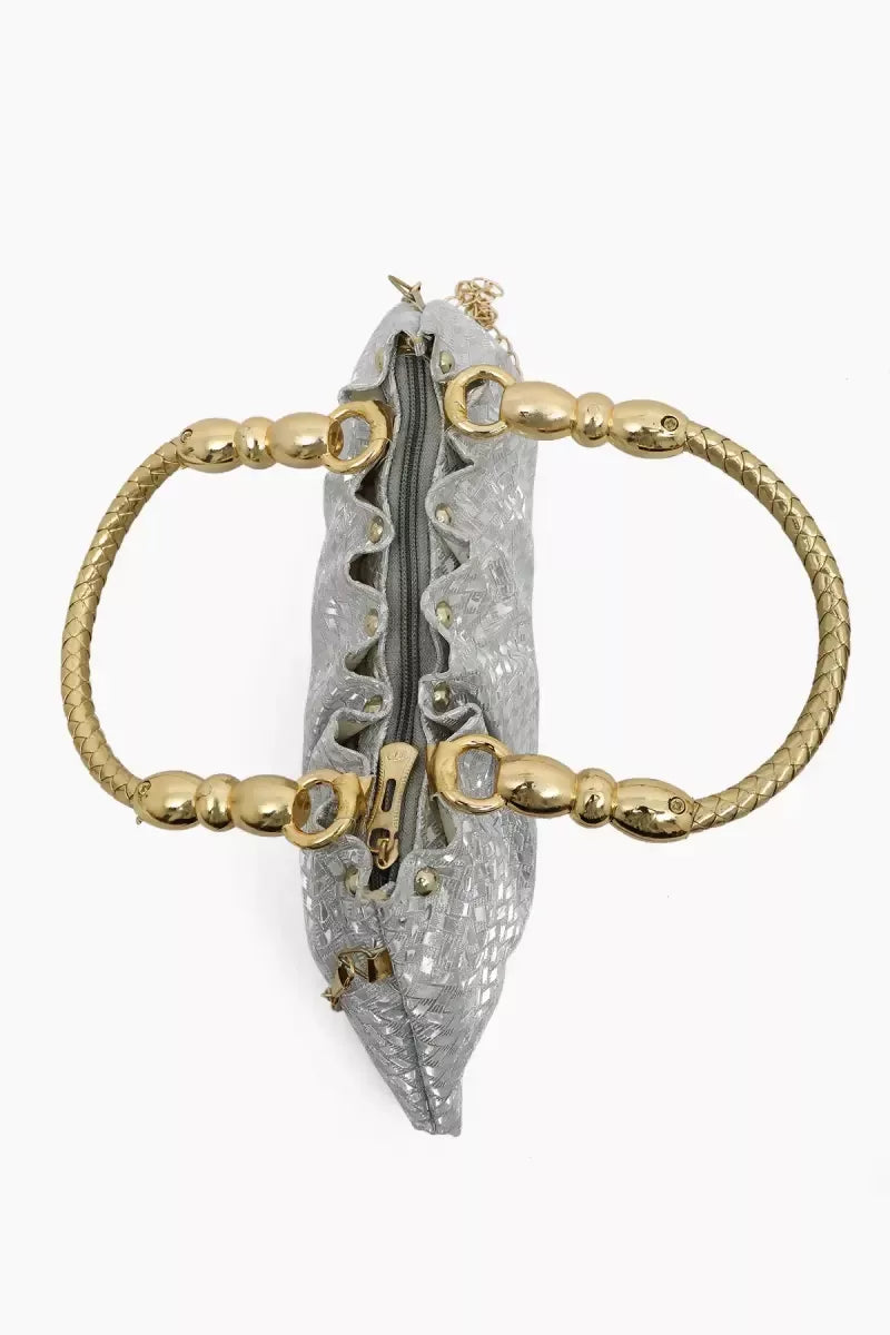 Elegant Gold Tone Hand-Held & Sling Bag - Silver