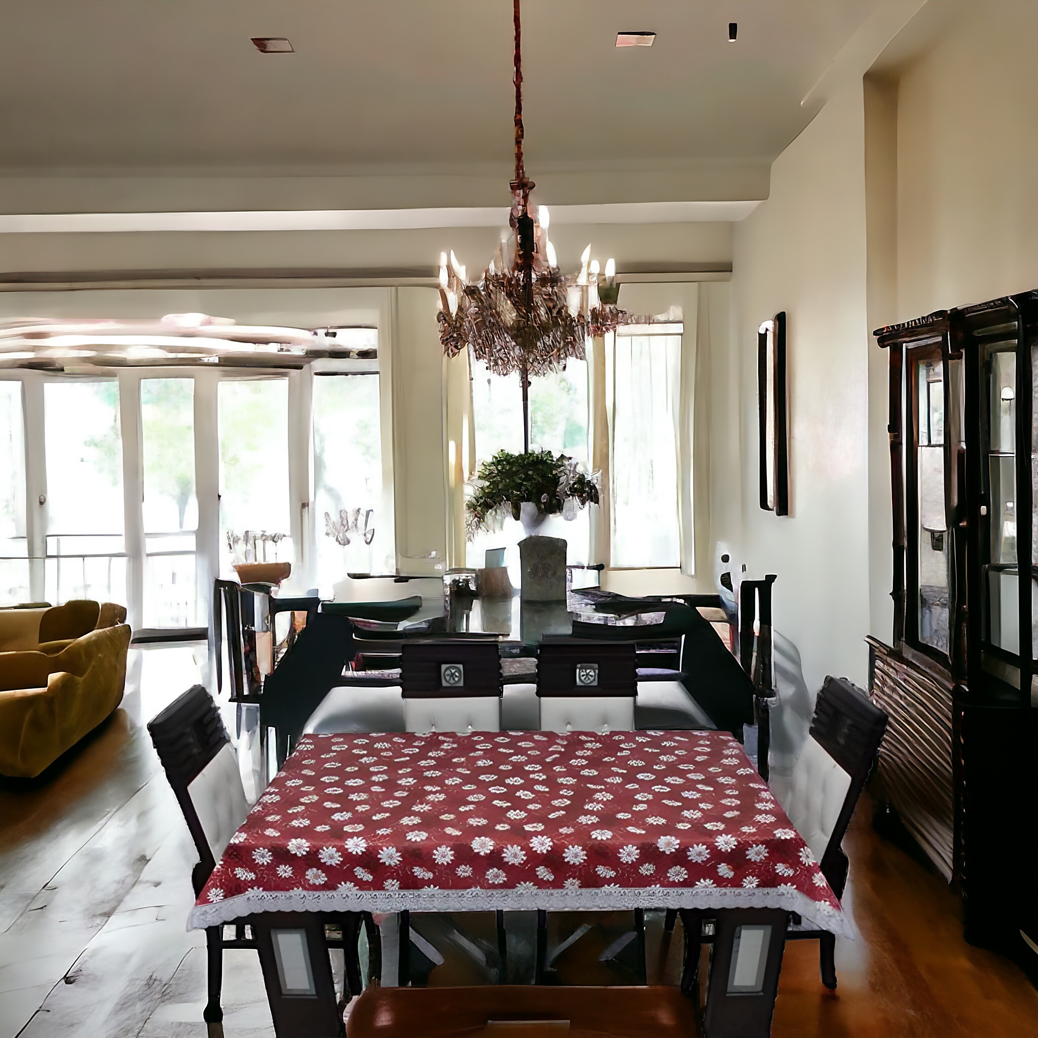 Mopak Decor Elegant 3D Printed Table Cover with Lace Border – Maroon Flower Design