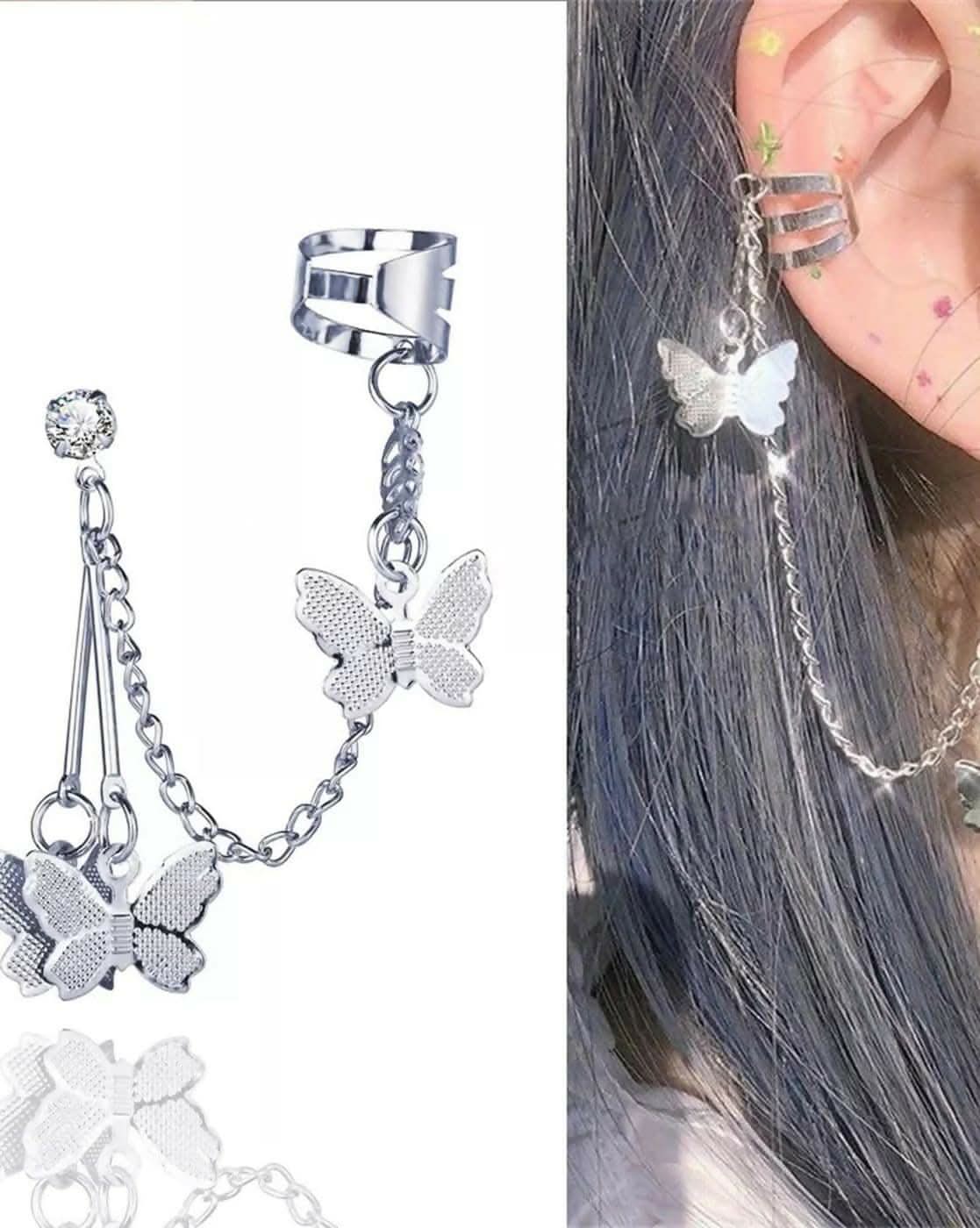 Pinapes beautiful silver butterfly tassels clip ear cuff earring