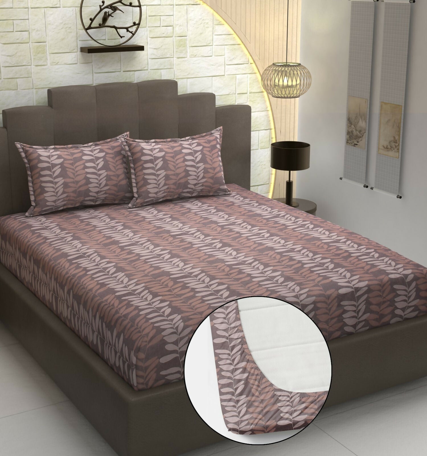 Glace Cotton Elastic Fitted Bedsheet  (Brown)