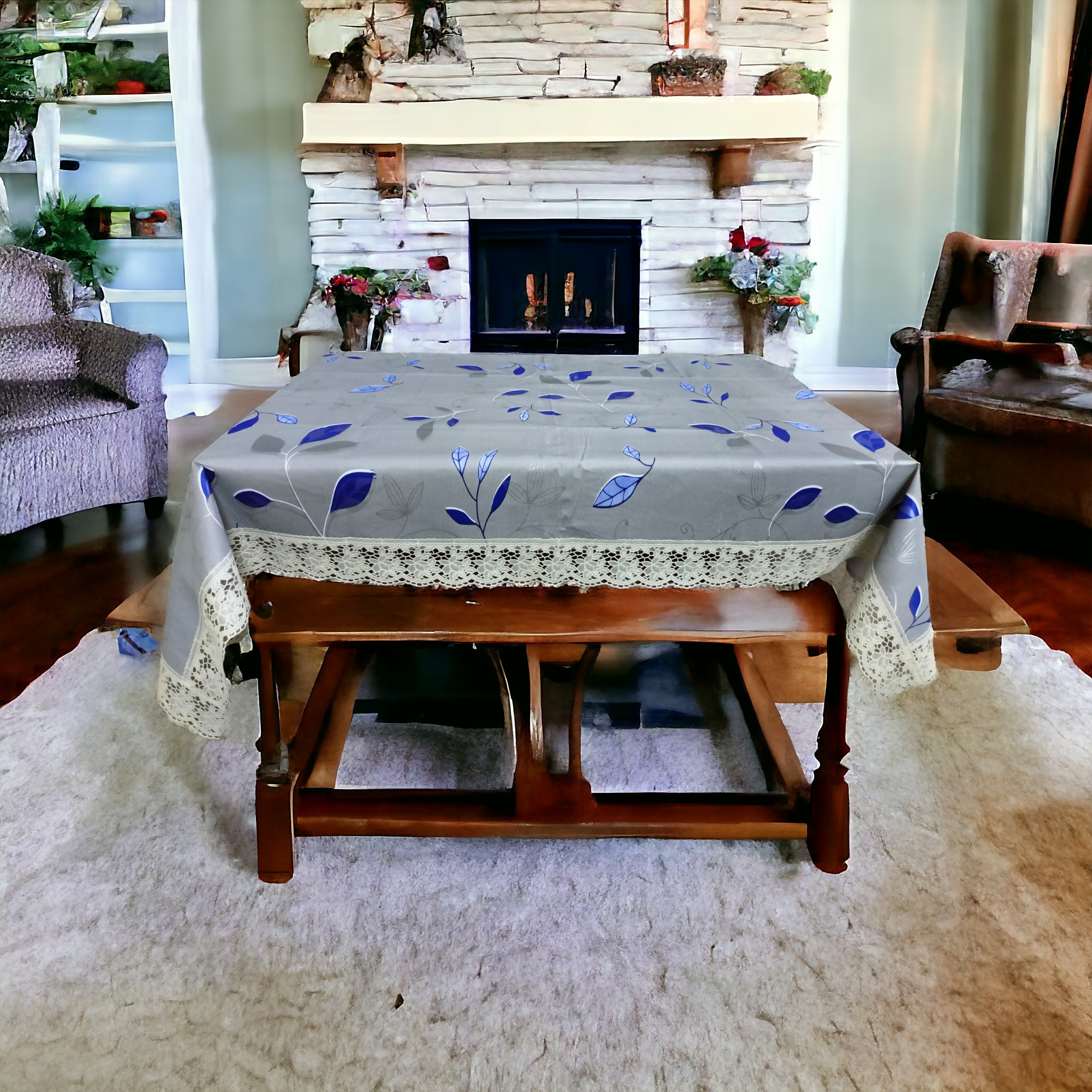 Mopak Decor Table Cover 3D Medium Size 2 to 4 Seater (40*60,Blue) Classic Table Cover Printed Table Cover with Lace Centre Table Cover Rectangular Table Cover Dining table cover