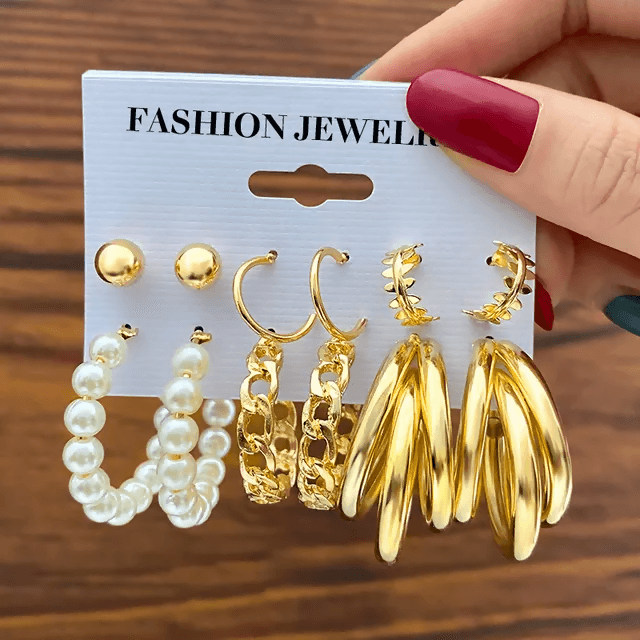 Pinapes Trendy Metal Earrings with Beads for Women & Girls (Set of 6)