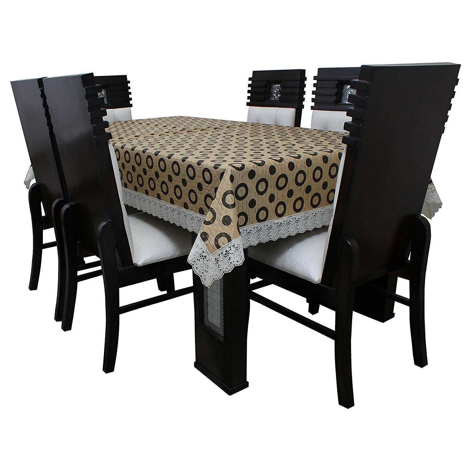Mopak Decor 3D Printed Table Cover with Lace Brown Black Circle Design