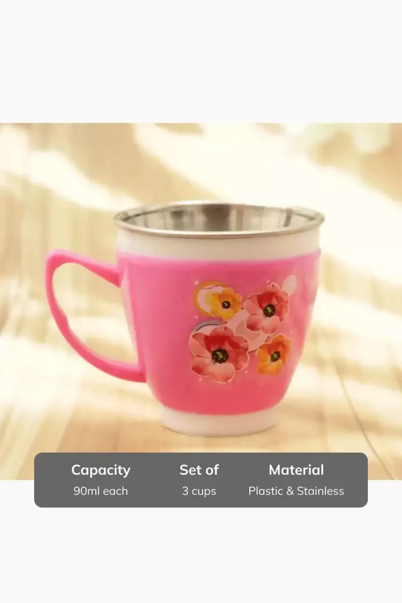 Plastic & Stainless Steel Cup, Set of 3 - 90ml (each) -pink