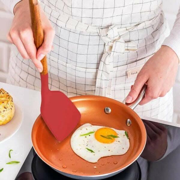 P-Plus International Silicone Spatula Turner – Heat-Resistant with Wooden Handle (Red)
