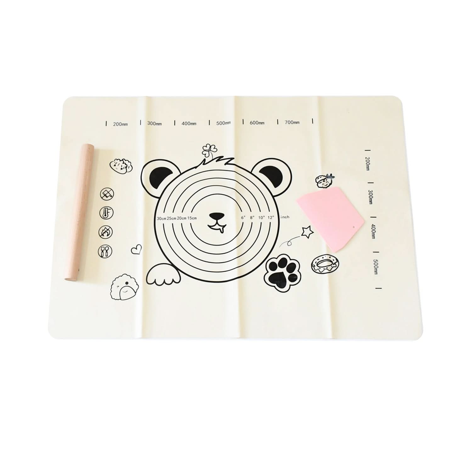 3-in-1 Silicone Baking Mat Set with Wooden Belan & Cake Scraper – 70x50 cm (3 Pcs)