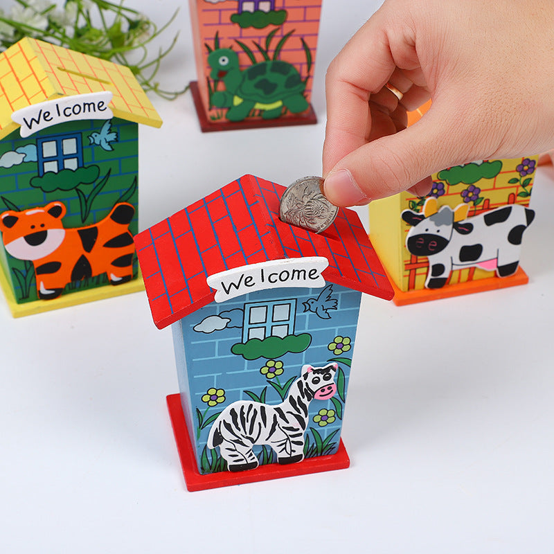 Wooden Animal Theme House Piggy Bank