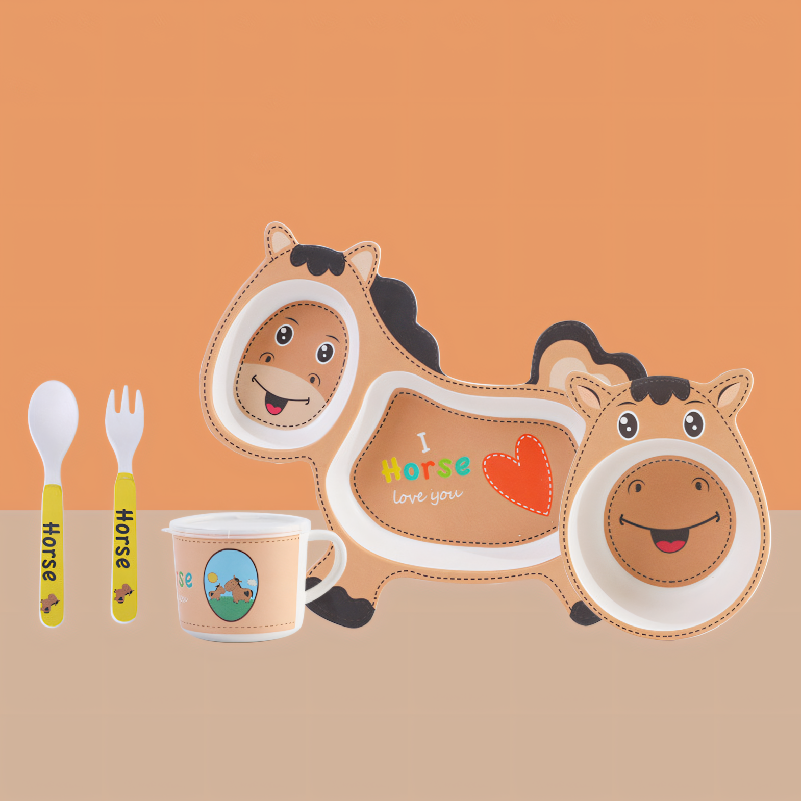 Horse Bamboo Fiber Kids Tableware Set of 5