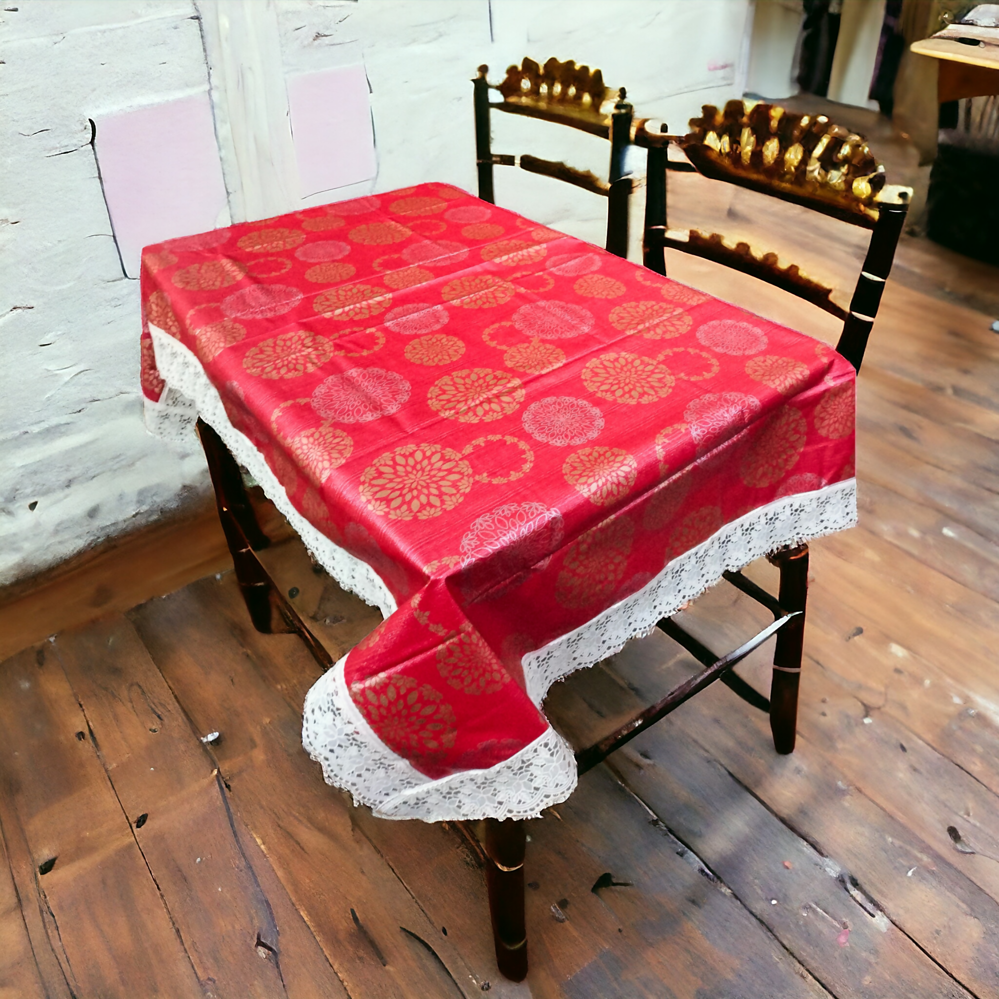 Mopak Decor 3D Printed Table Cover with Lace – Medium (40x60) for 4-Seater & Large (60x90) for 6-Seater – Rectangular Dining and Centre Table Cloth (Red)