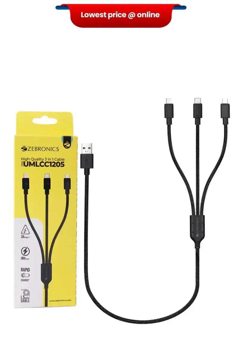 Zebronics 3-in-1 Cable 1.5m USB to Lightning, Type-C & Micro USBUMLCC1205 (Black)
