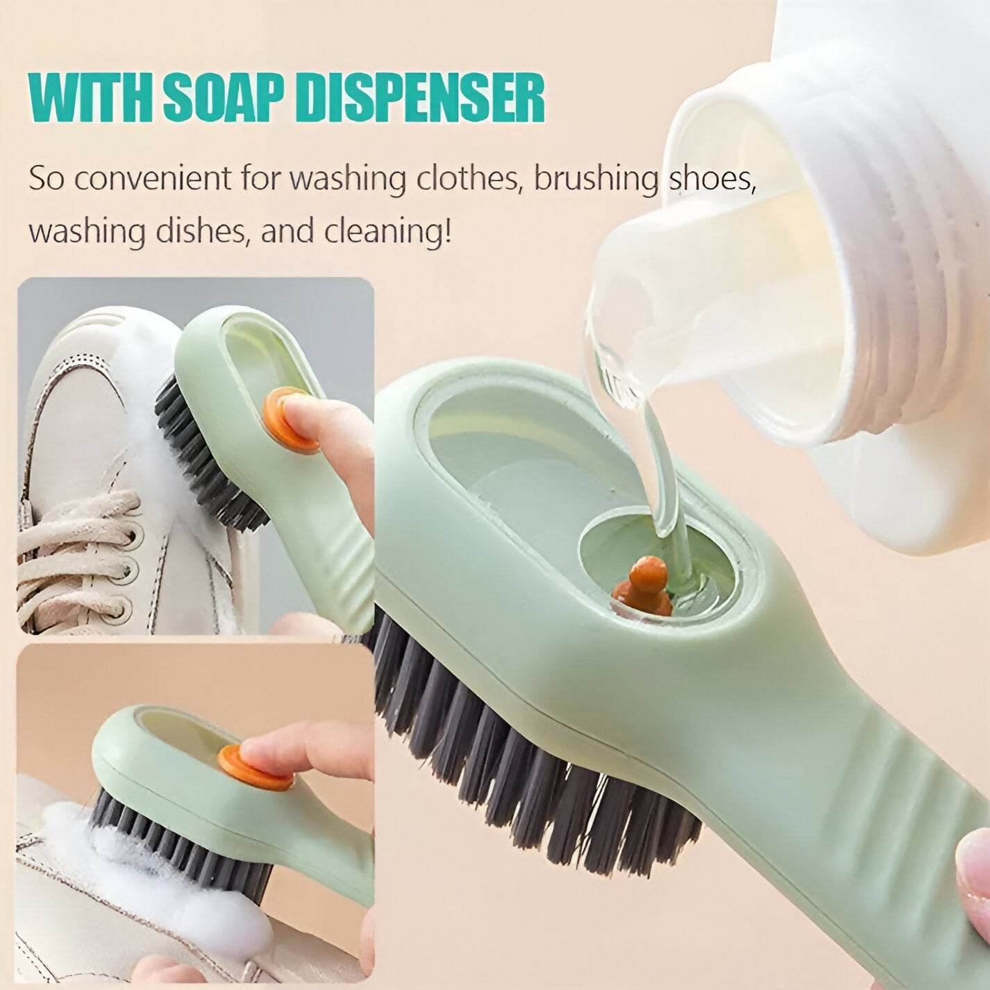 2-in-1 Scrubbing Brush with Built-in Soap Dispenser – Multipurpose Cleaning Brush for Shoes, Clothes & Household Use