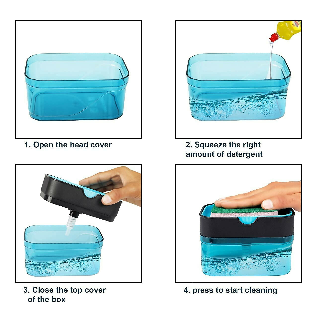 2-in-1 Soap Dispenser for Dishwasher Liquid with Pump, 400 ML Capacity & Built-in Sponge - Transparent Blue (Pack of 1)