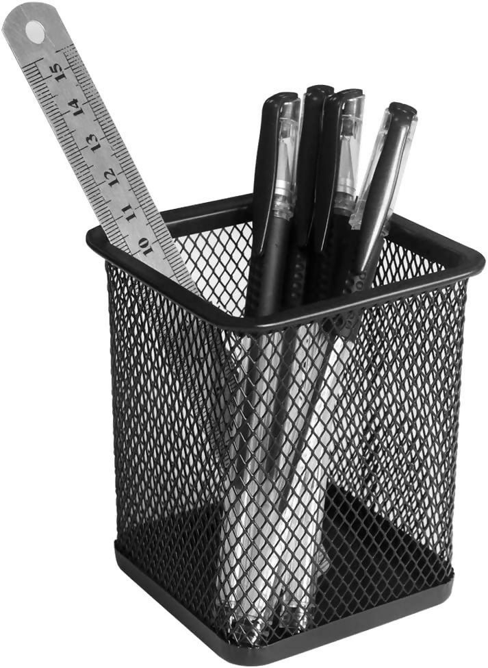 Square Metal Pen Stand/Pencil Holder,Mesh Black (Pack Of 1)