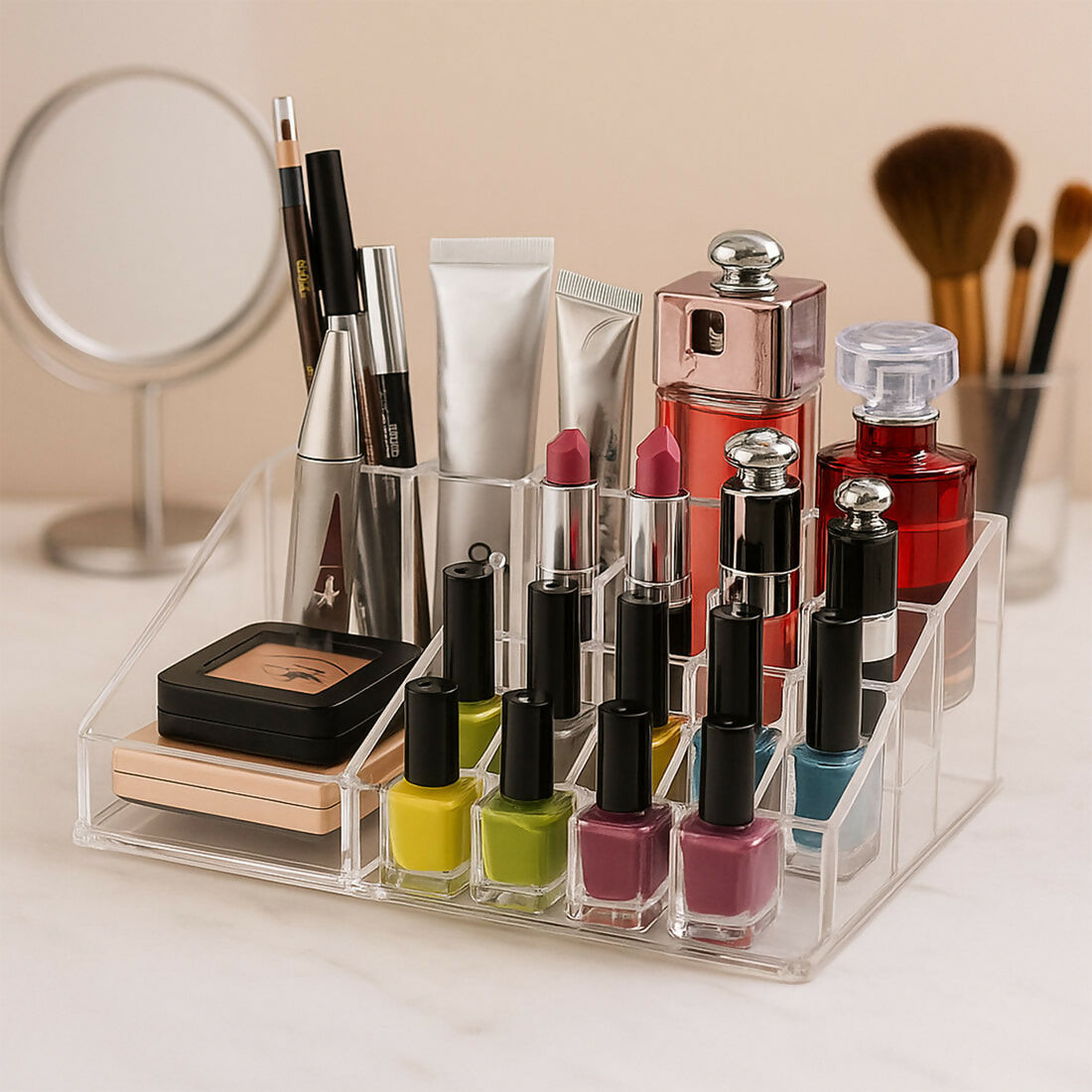 16-Compartment Transparent Makeup Organizer Box
