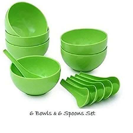 Green Plastic Round Shape Soup Bowls & Spoons, Set of 6 Bowls & 6 Spoons, Microwave Safe for Home and Office Use Bowl, Spoon Serving Set