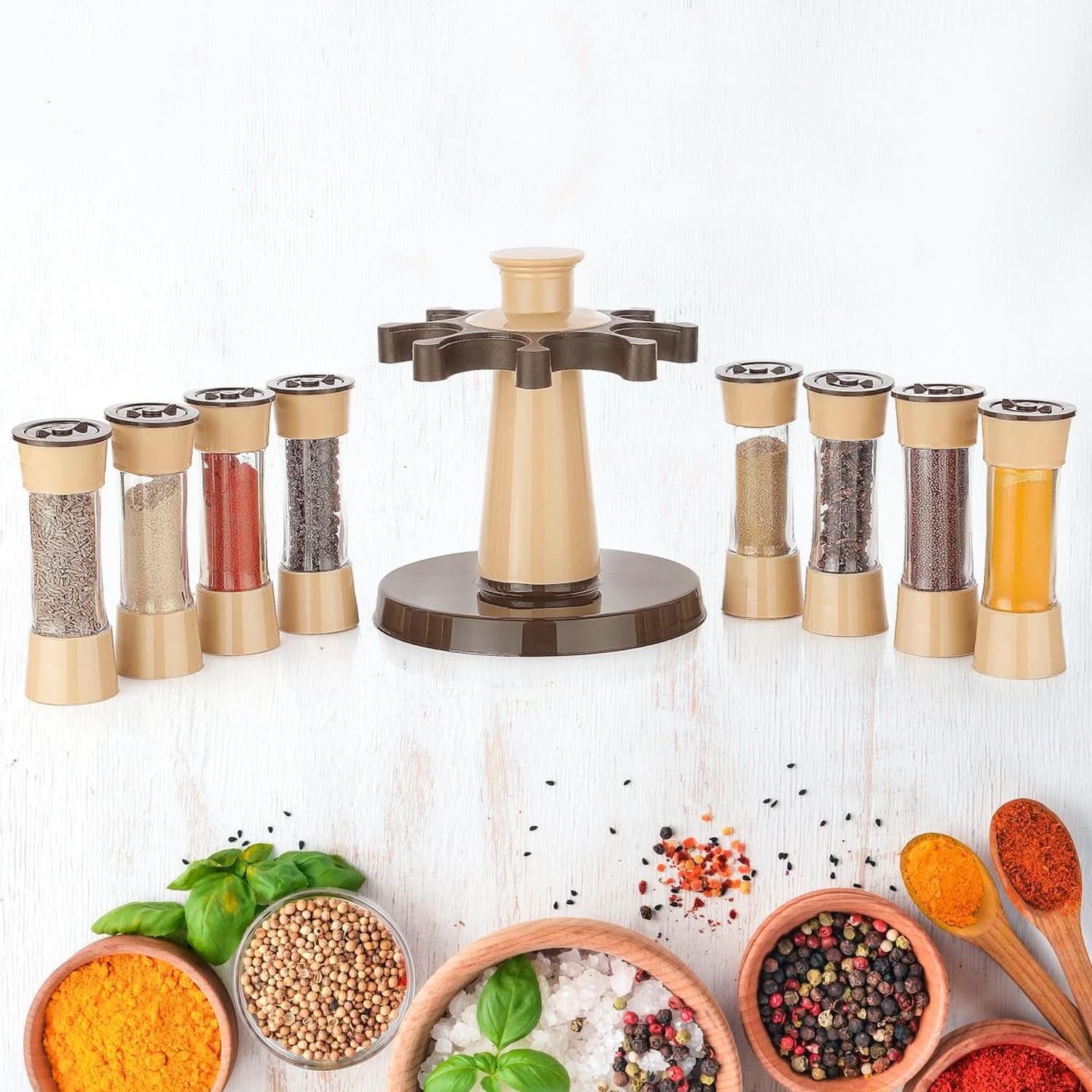 360° Revolving Spice Rack – 8-Piece Condiment Jar Set for Kitchen & Dining