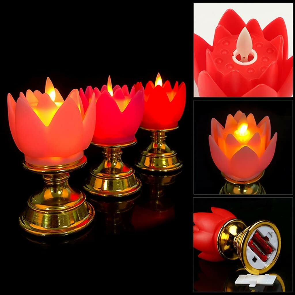 LED Lotus Flower Candle with Gold plated Stand for home decor (Battery powered)
