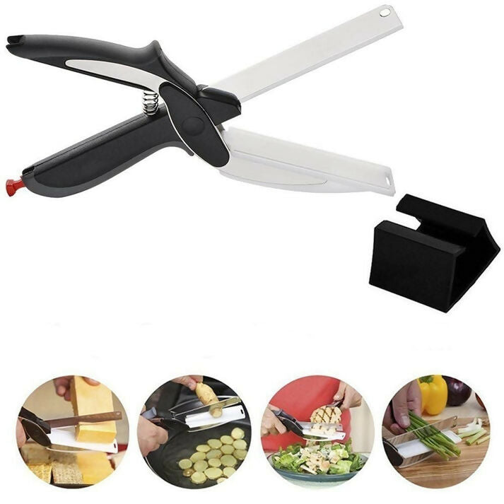 2-in-1 Knife & Cutting Board Scissors Stainless Steel, All-Purpose (Black/Silver)