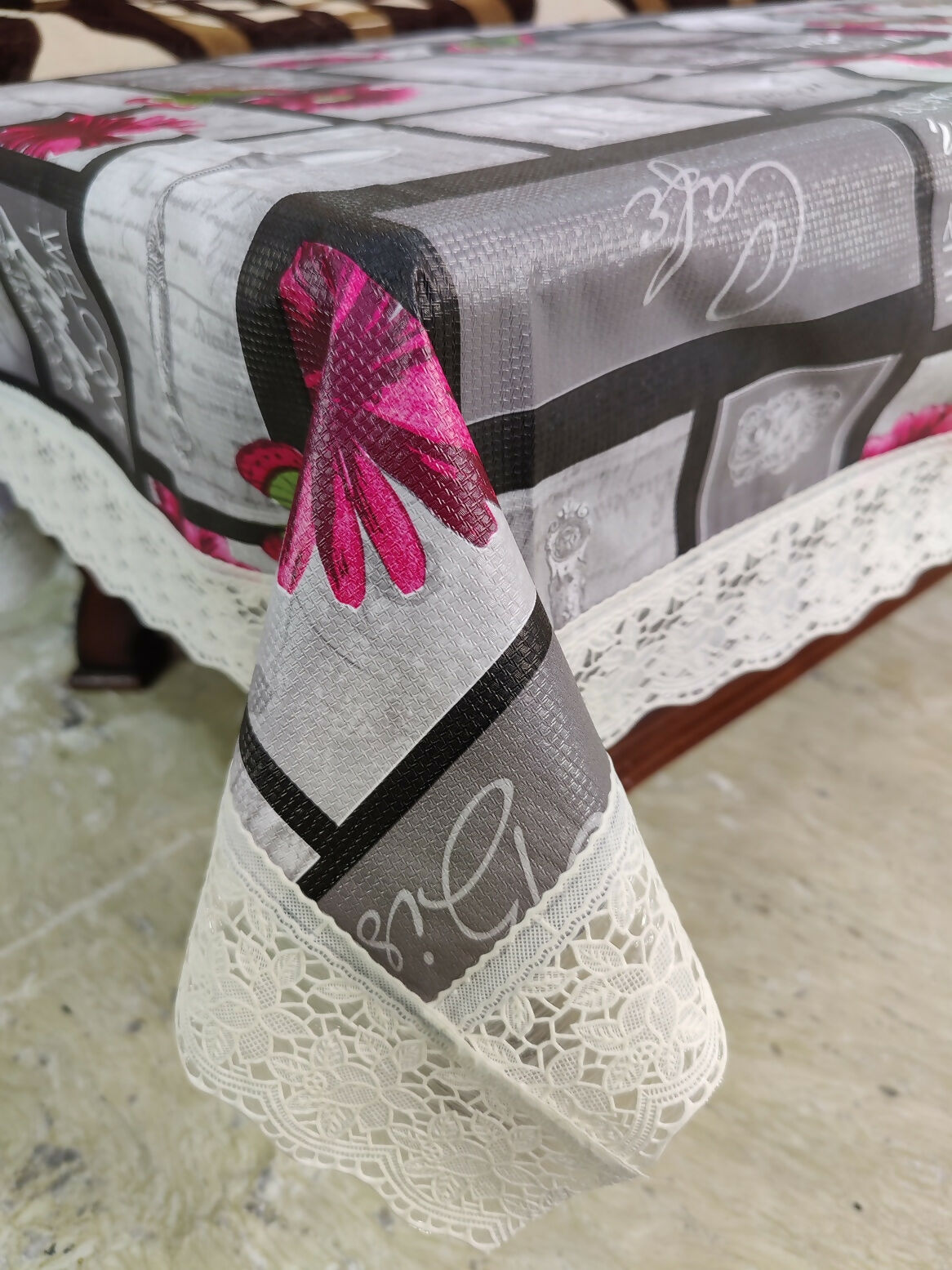 Mopak Decor 3D Printed Table Cover with Lace – Medium (40x60) for 4-Seater & Large (60x90) for 6-Seater – Rectangular Dining and Centre Table Cloth ( Grey )