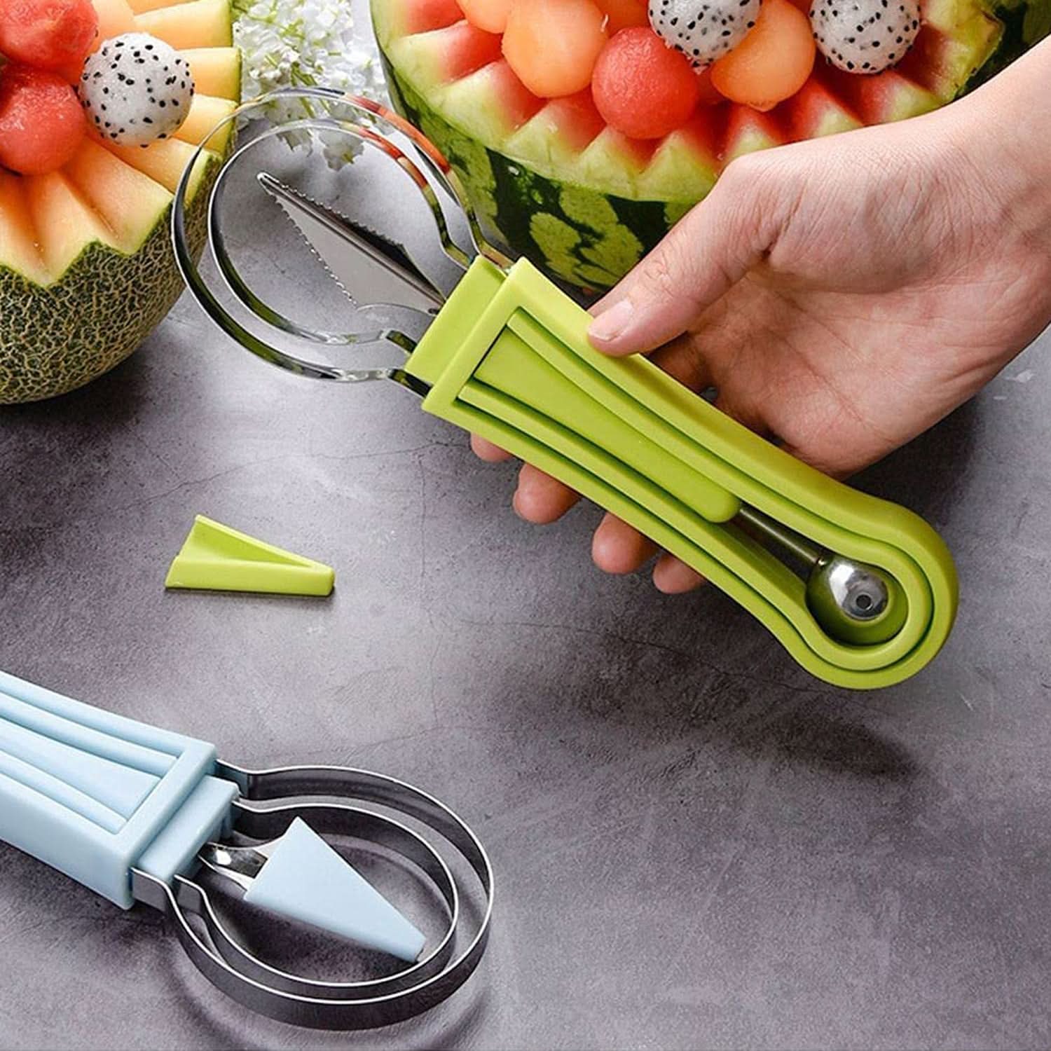 4 In 1 Stainless Steel Melon Baller Seed Remover Sorbet Dessert Ball Spoon Fruit Digging Spoon Double Sided Fruit Scooper Watermelon Baller Scoop