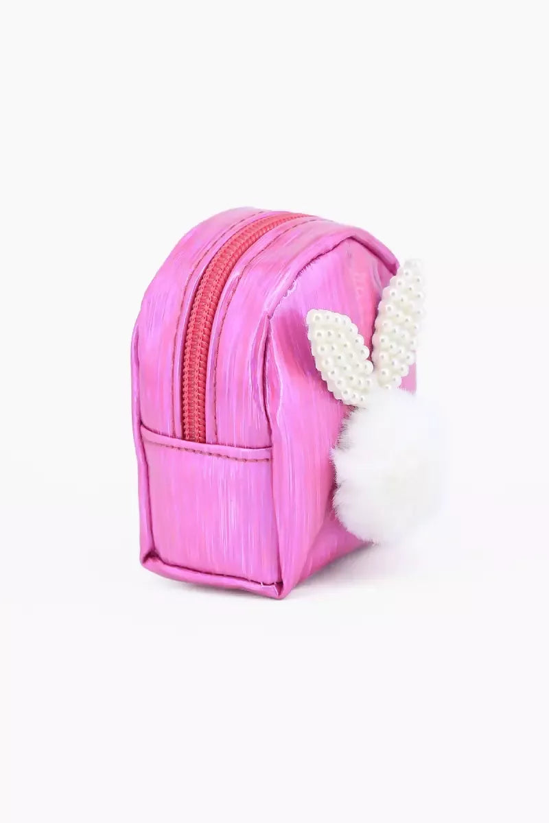 Mini Coin Purse Keychain with Fluffy Pompom (Dark Pink )