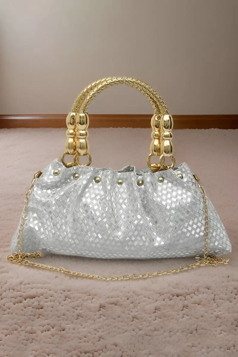 Elegant Gold Tone Hand-Held & Sling Bag - Silver