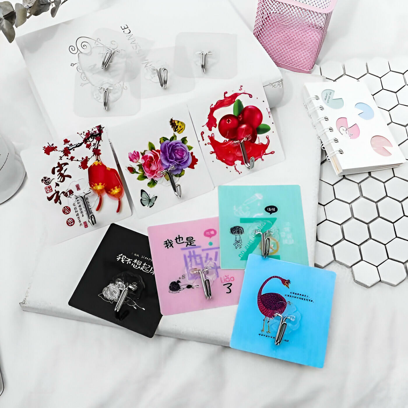 Self-Adhesive Waterproof Wall Hooks – Square Printed Design (Pack of 10, Assorted Colors)