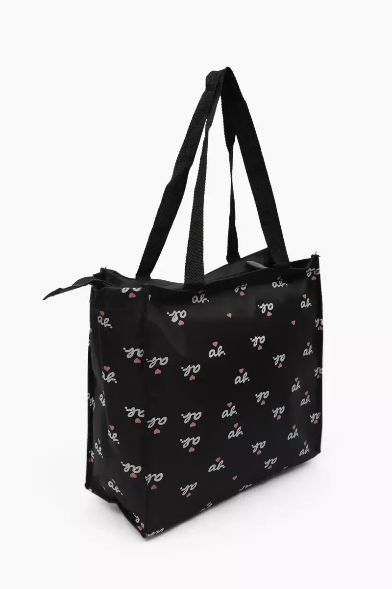 Letter Printed Canvas Tote Hand Bag for Girls (Black)