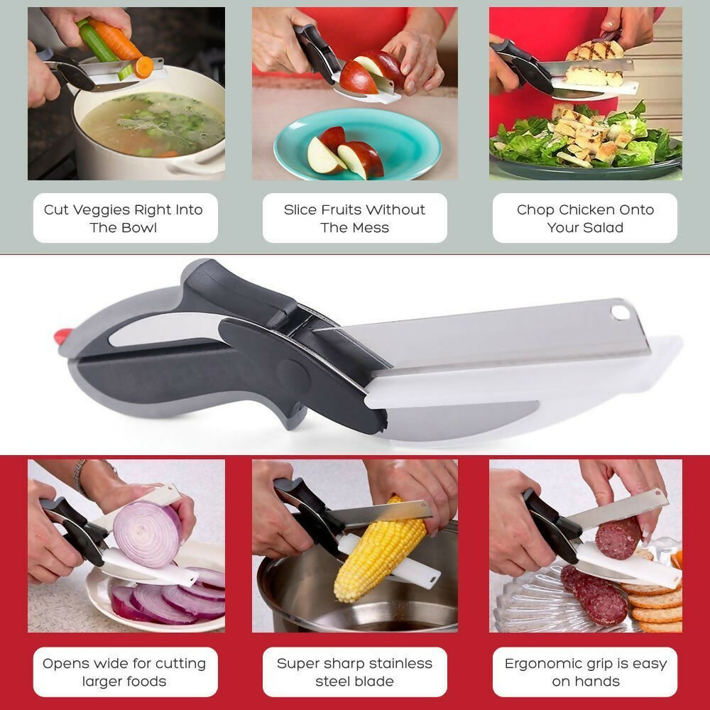 2-in-1 Knife & Cutting Board Scissors Stainless Steel, All-Purpose (Black/Silver)