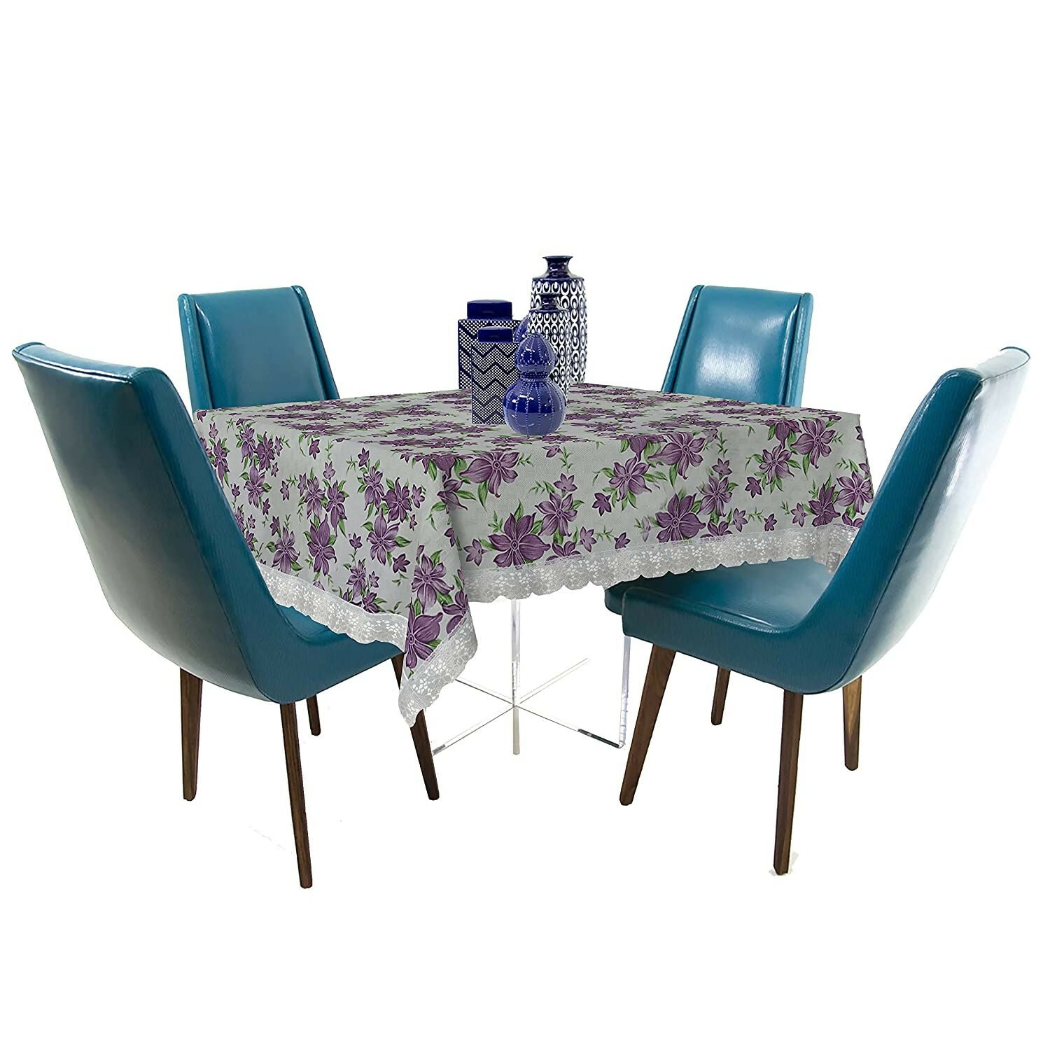 Mopak Decor Elegant 3D Printed Table Cover with Lace – (White & Purple Flower)
