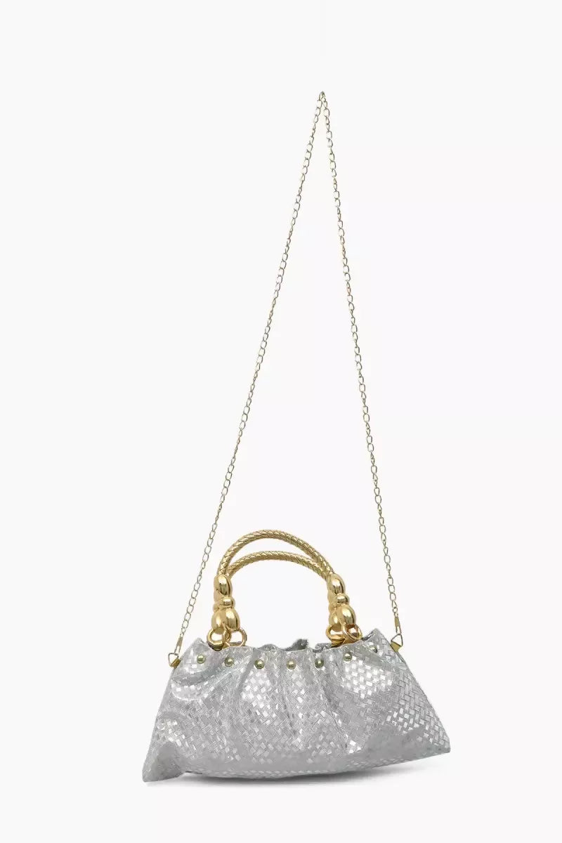 Elegant Gold Tone Hand-Held & Sling Bag - Silver
