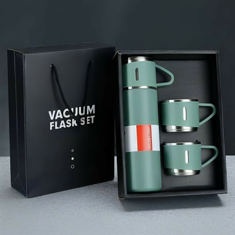 Stainless Steel Vacuum Flask with 2 Steel Cups & Gift Box (500ML,Green)