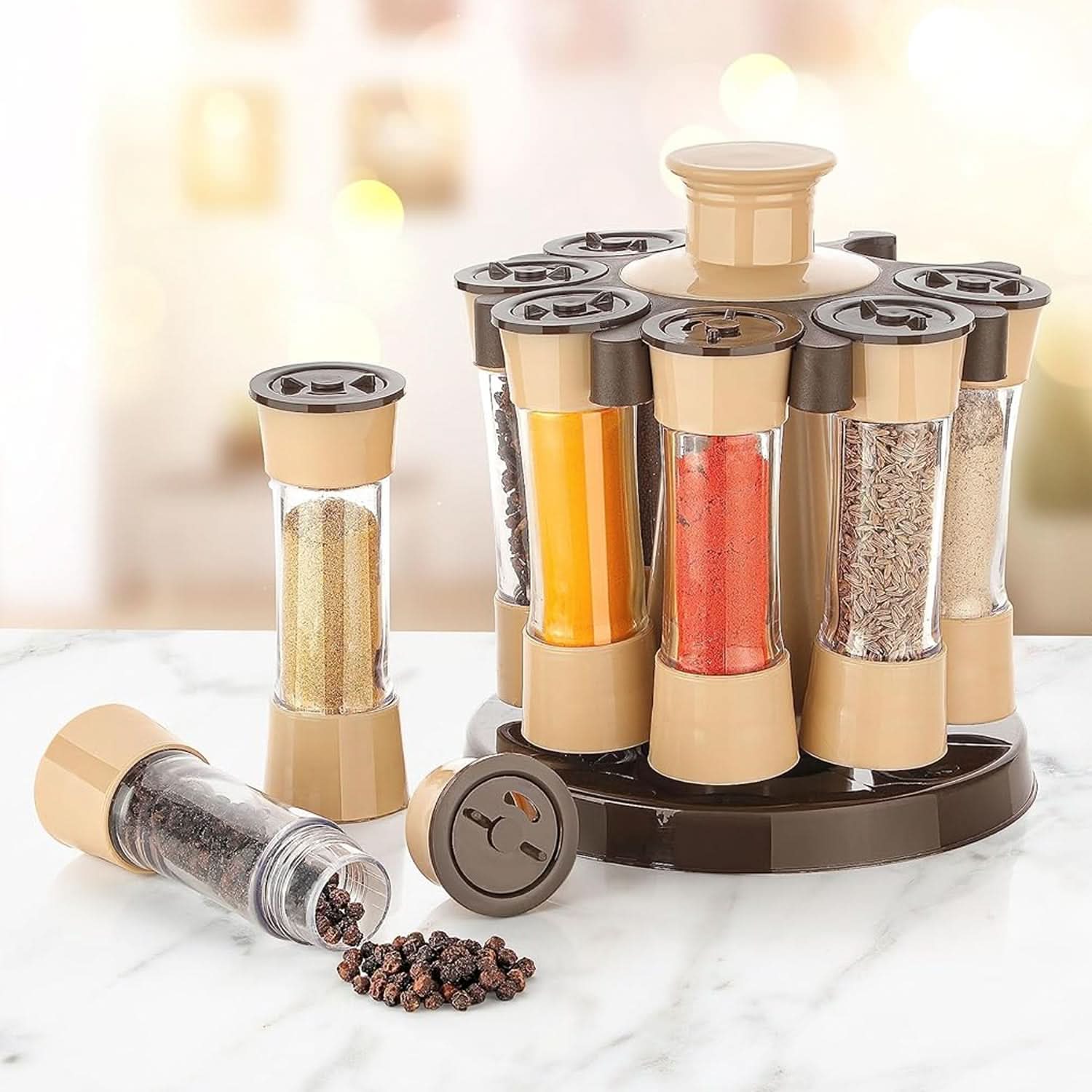 360° Revolving Spice Rack – 8-Piece Condiment Jar Set for Kitchen & Dining