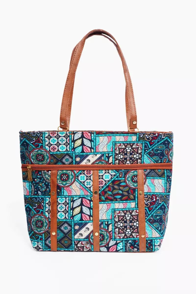 Latest Ikat Pattern Hand Bag for Women - Green