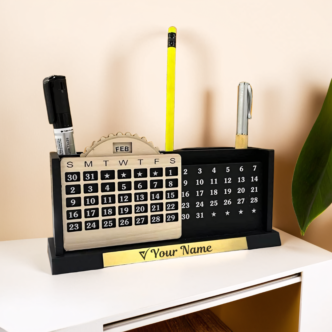 Wooden Desk Calendar with Pencil Organizer