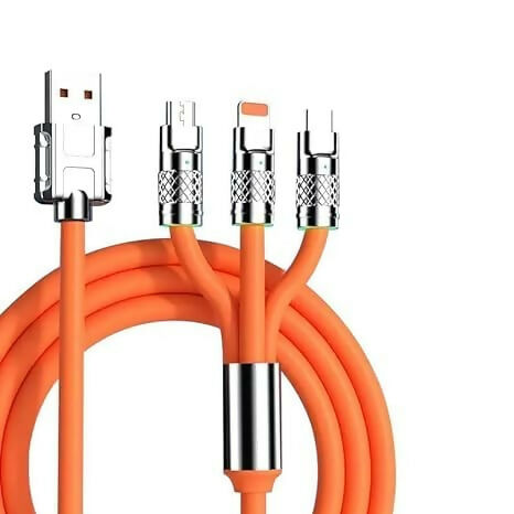 3-in-1 Fast Charging Silicone Cable USB to Type-C, Micro USB & Lightning with Flexible Rotary Connector