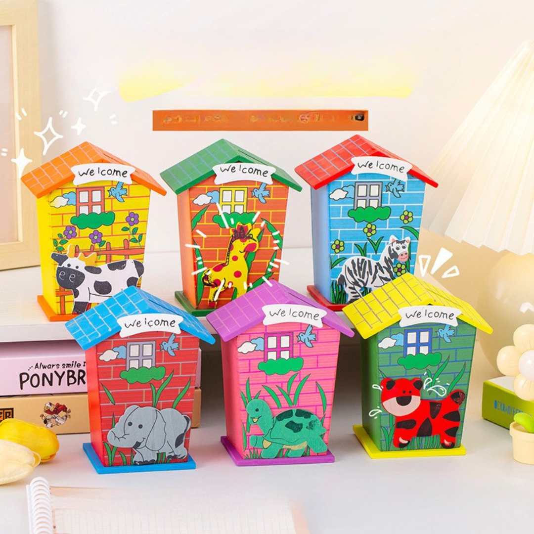 Wooden Animal Theme House Piggy Bank