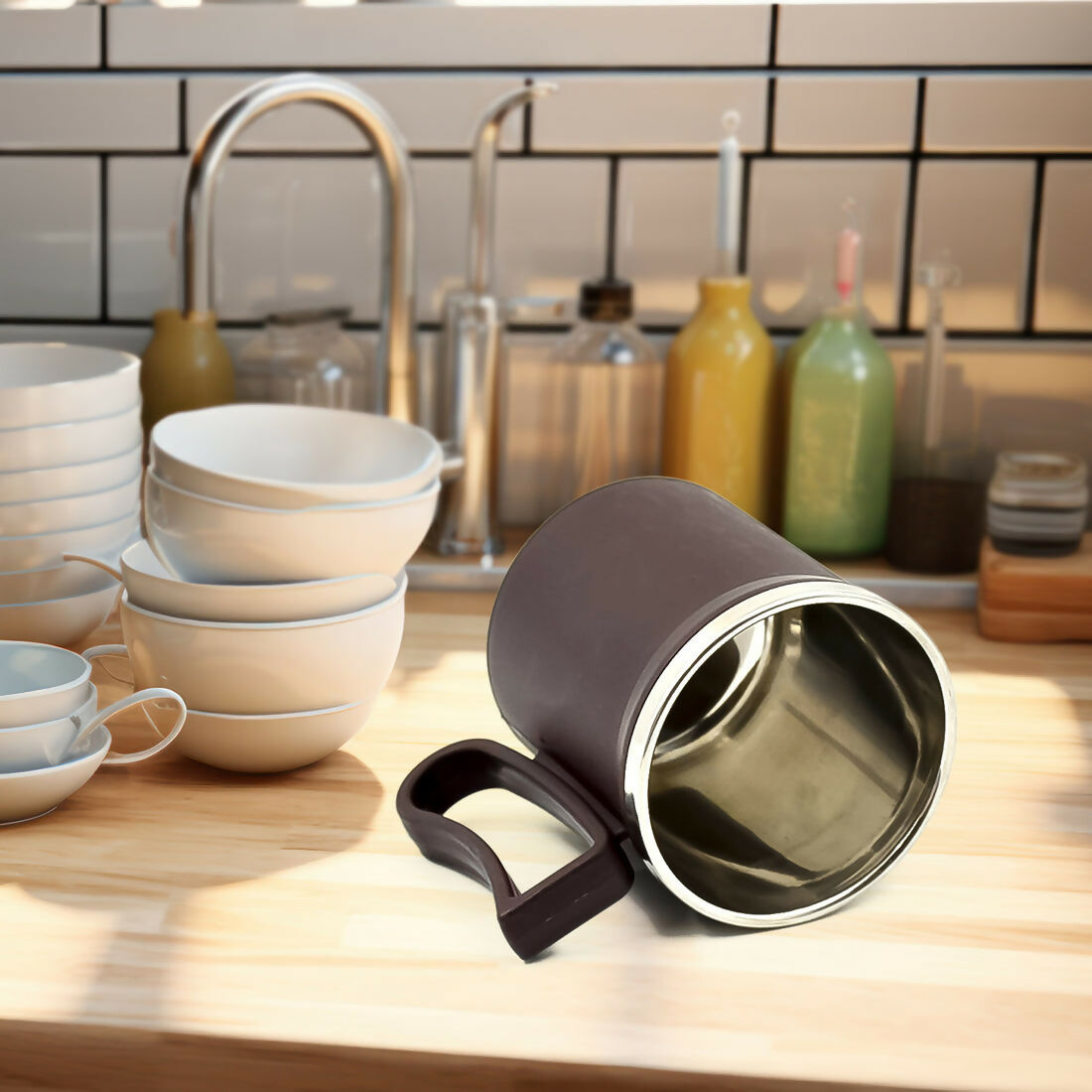 Stainless Steel Coffee Mug with Lid and Handle Plastic Cover 200ml (Random Color)
