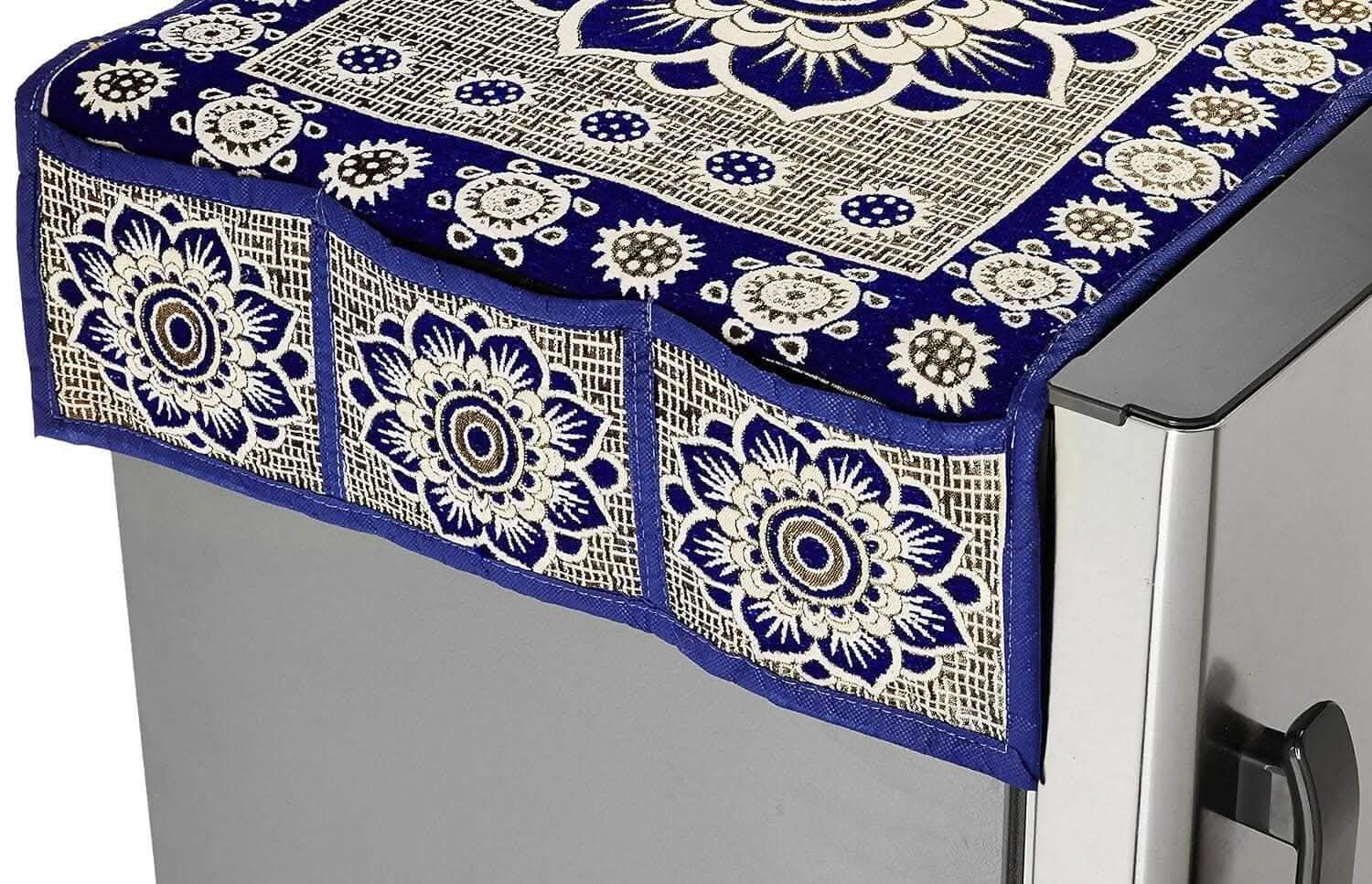 WISHLAND Combo Pack of Fridge Top Cover with 6 Utility Pockets and Fridge Handle Cover(Size : 39X21 & 12X6 Inches, Set of 2 Pc)