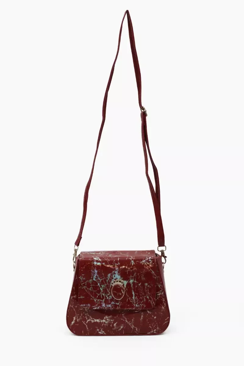 Marble printed Box Sling Bag for Girls - Dark red