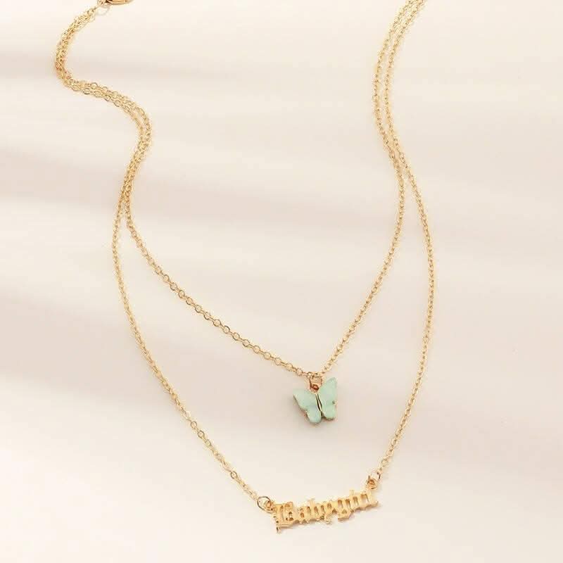 Pinapes Babygirl Letter Acrylic Butterfly Necklace Gold & Blue Multi-Layered Design