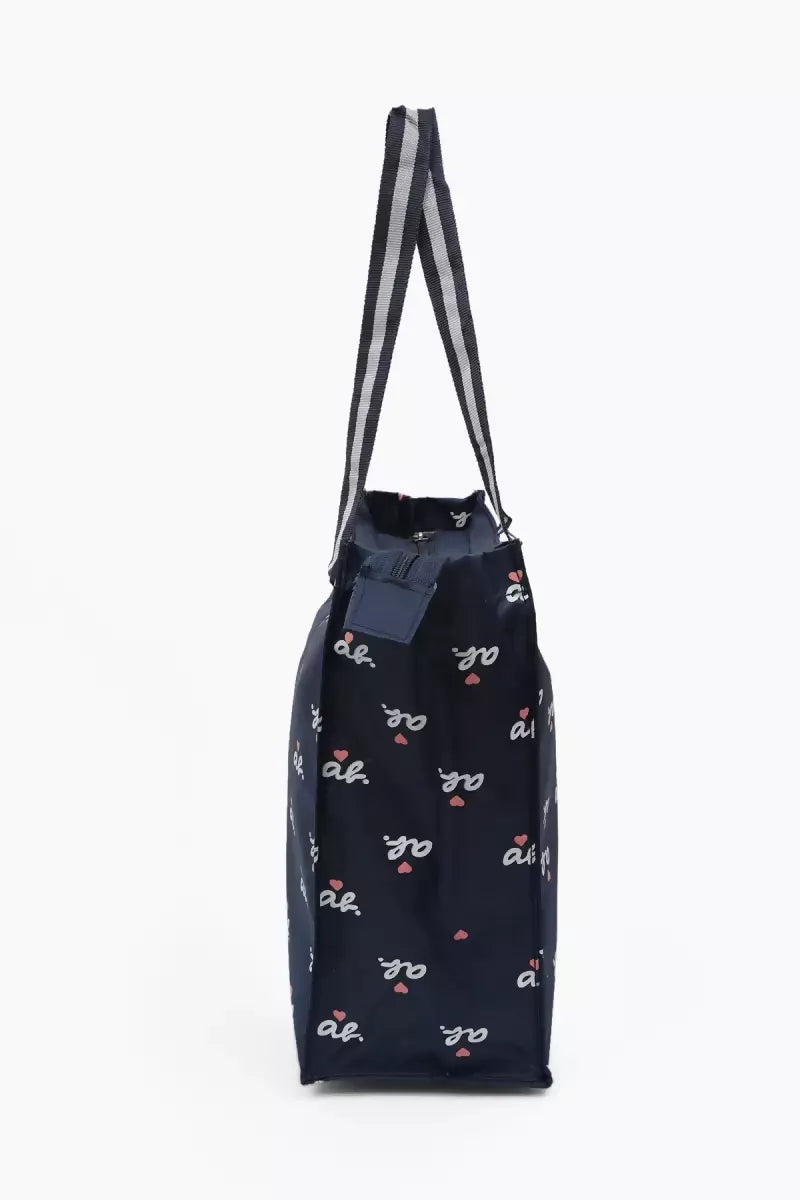 Letter Printed Canvas Tote Hand Bag for Girls (Navy Blue)